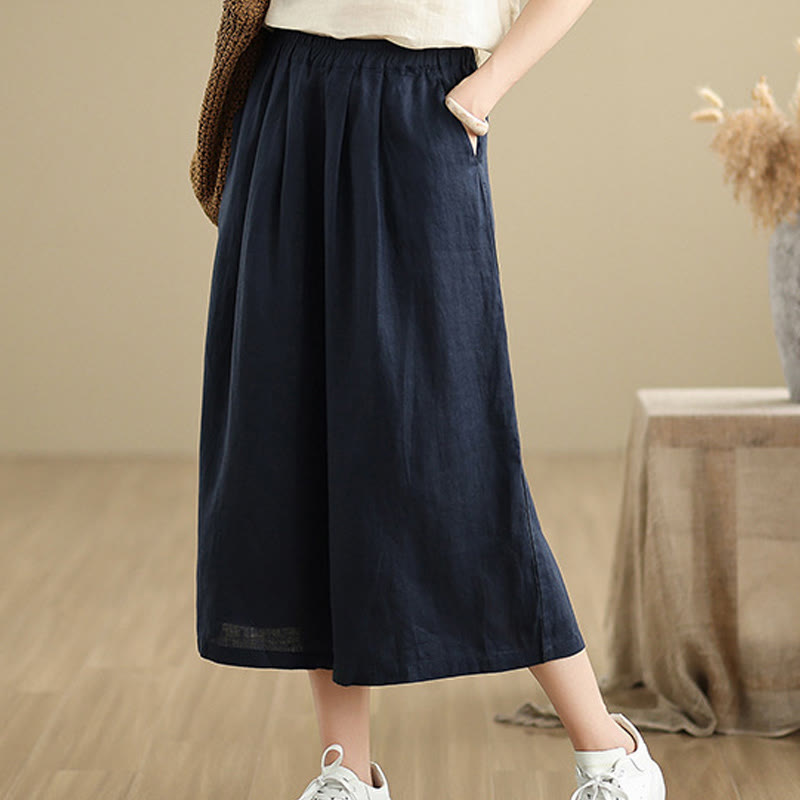 Summer Solid Color Patchwork Simple Design Women's Cotton Wide Leg Cropped Pants With Pockets