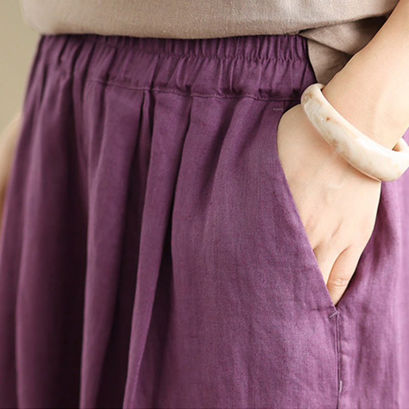 Summer Solid Color Patchwork Simple Design Women's Cotton Wide Leg Cropped Pants With Pockets