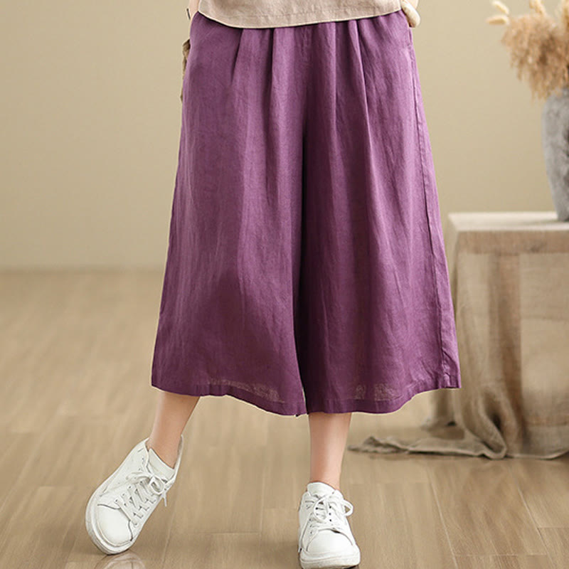 Summer Solid Color Patchwork Simple Design Women's Cotton Wide Leg Cropped Pants With Pockets