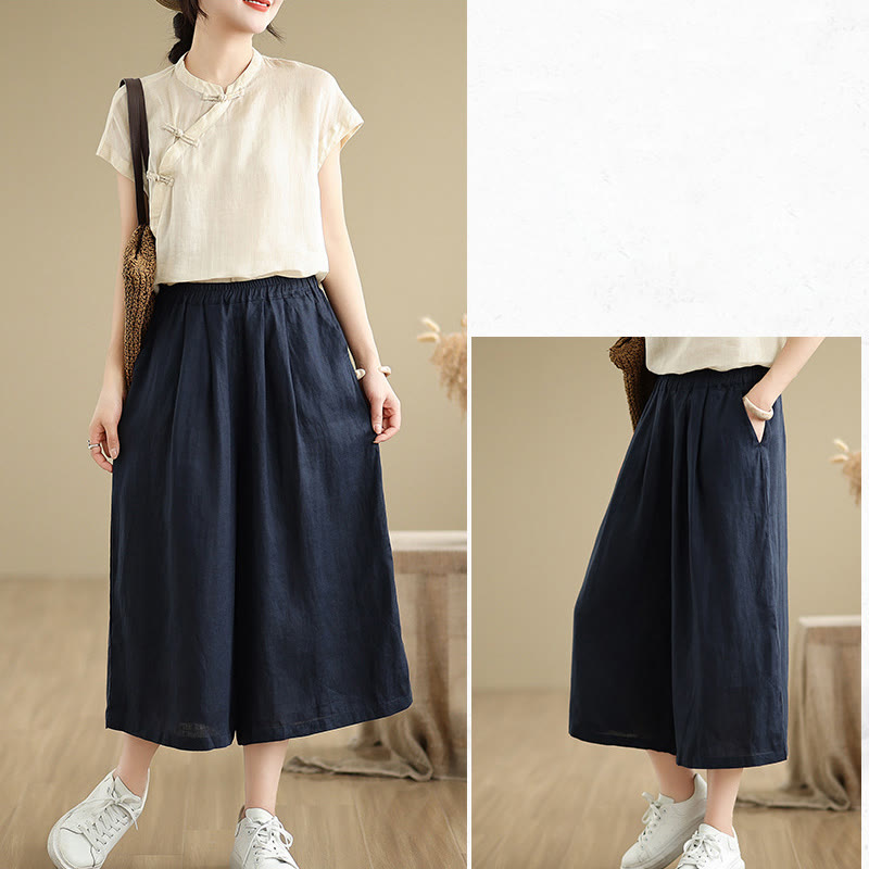 Summer Solid Color Patchwork Simple Design Women's Cotton Wide Leg Cropped Pants With Pockets