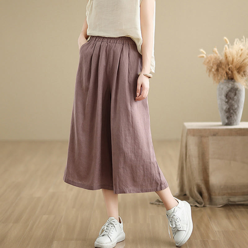 Summer Solid Color Patchwork Simple Design Women's Cotton Wide Leg Cropped Pants With Pockets
