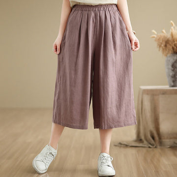 Summer Solid Color Patchwork Simple Design Women's Cotton Wide Leg Cropped Pants With Pockets