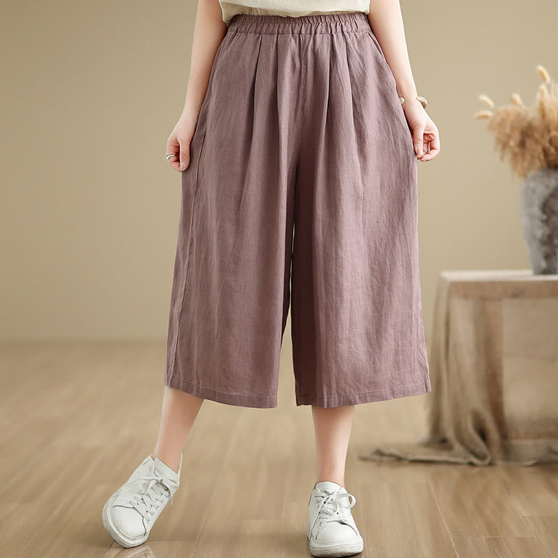 Summer Solid Color Patchwork Simple Design Women's Cotton Wide Leg Cropped Pants With Pockets
