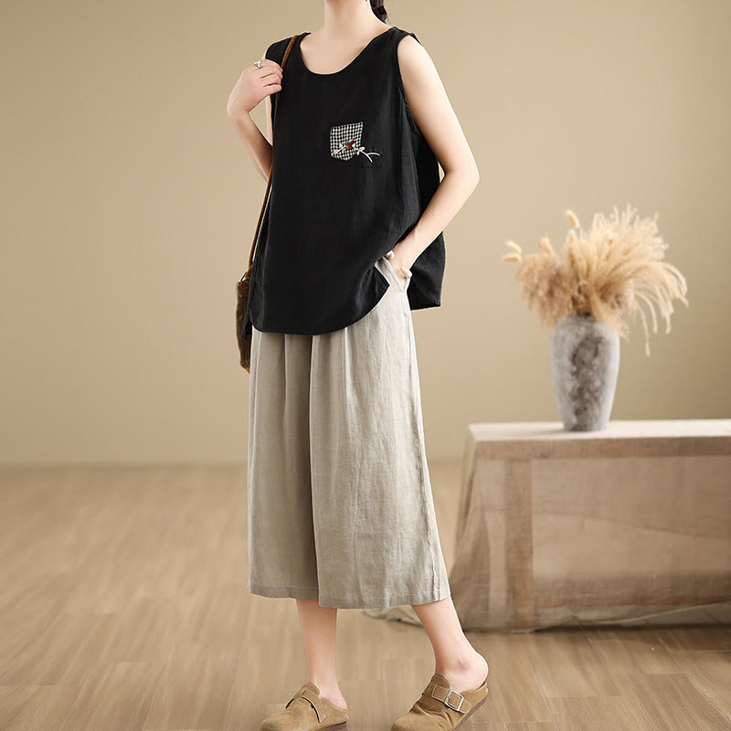Summer Solid Color Patchwork Simple Design Women's Cotton Wide Leg Cropped Pants With Pockets