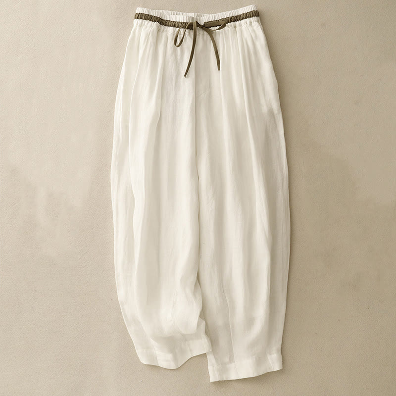 Vintage Summer Casual Color Matching Drawstring Women's Cotton Linen Harem Pants With Pockets