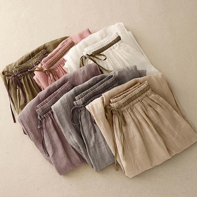Vintage Summer Casual Color Matching Drawstring Women's Cotton Linen Harem Pants With Pockets