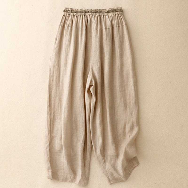 Vintage Summer Casual Color Matching Drawstring Women's Cotton Linen Harem Pants With Pockets