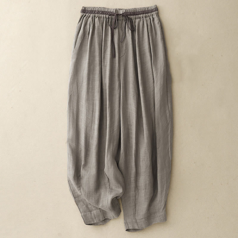 Vintage Summer Casual Color Matching Drawstring Women's Cotton Linen Harem Pants With Pockets