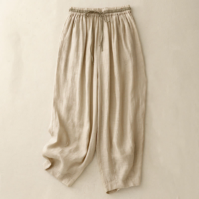 Vintage Summer Casual Color Matching Drawstring Women's Cotton Linen Harem Pants With Pockets