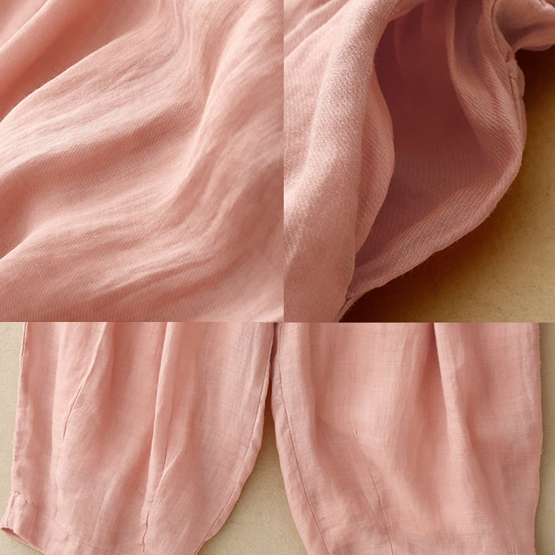 Vintage Summer Casual Color Matching Drawstring Women's Cotton Linen Harem Pants With Pockets