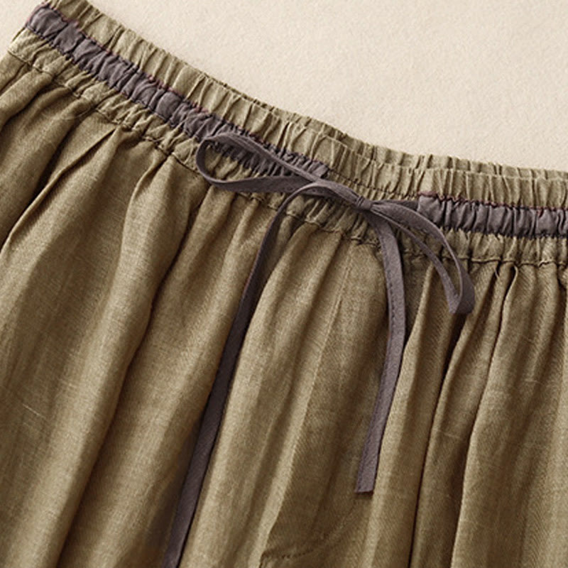 Vintage Summer Casual Color Matching Drawstring Women's Cotton Linen Harem Pants With Pockets