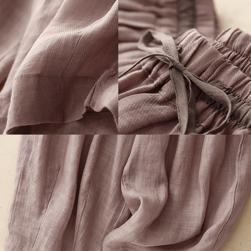 Vintage Summer Casual Color Matching Drawstring Women's Cotton Linen Harem Pants With Pockets