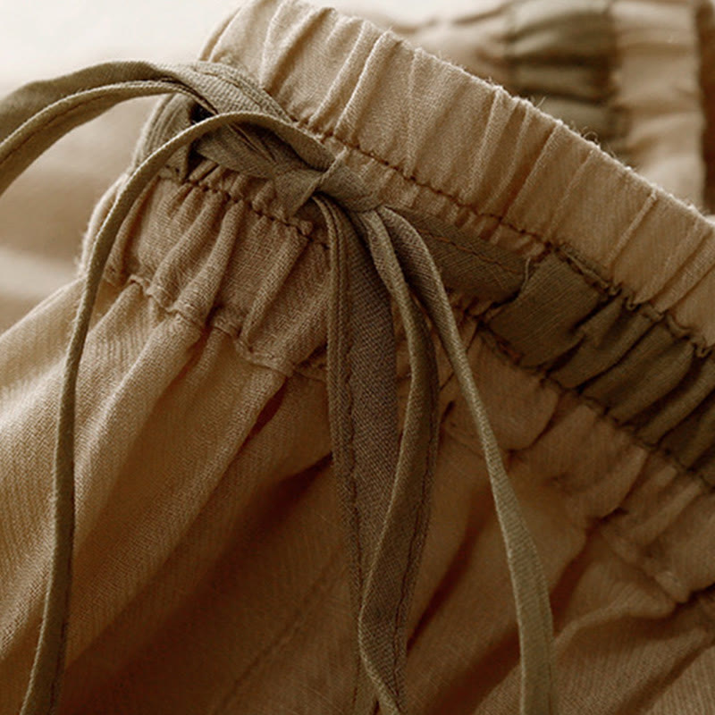 Vintage Summer Casual Color Matching Drawstring Women's Cotton Linen Harem Pants With Pockets