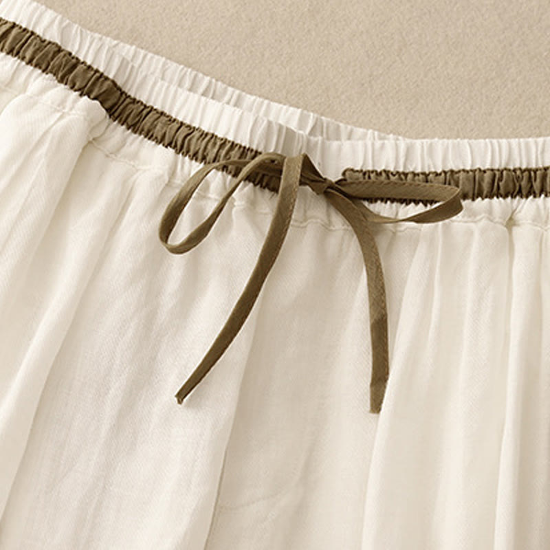 Vintage Summer Casual Color Matching Drawstring Women's Cotton Linen Harem Pants With Pockets