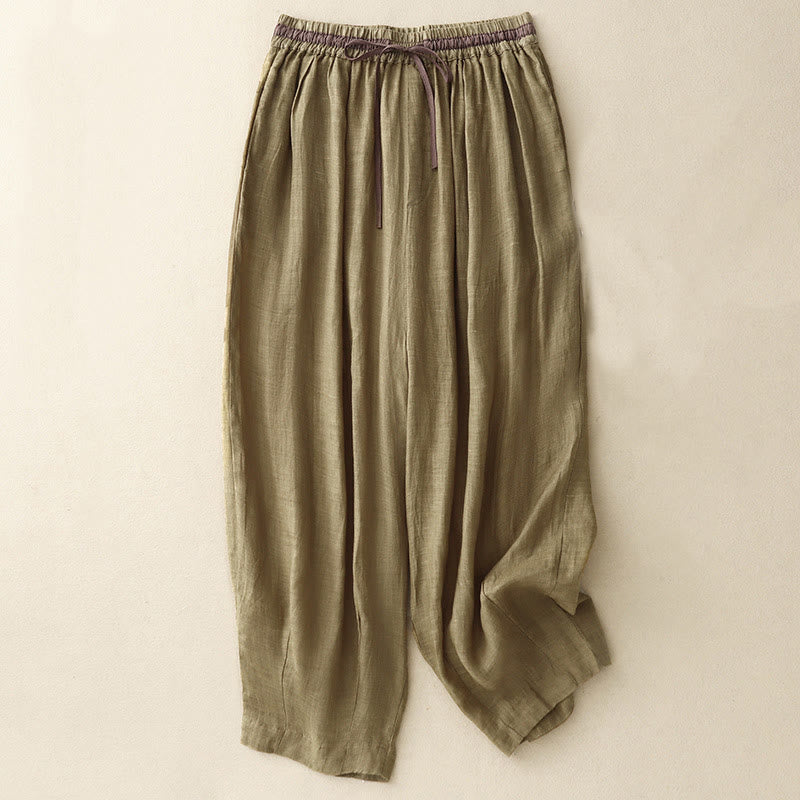 Vintage Summer Casual Color Matching Drawstring Women's Cotton Linen Harem Pants With Pockets