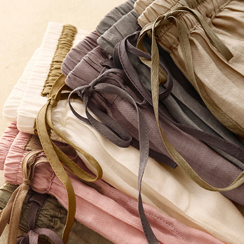 Vintage Summer Casual Color Matching Drawstring Women's Cotton Linen Harem Pants With Pockets