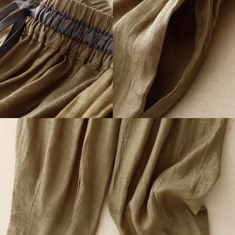 Vintage Summer Casual Color Matching Drawstring Women's Cotton Linen Harem Pants With Pockets