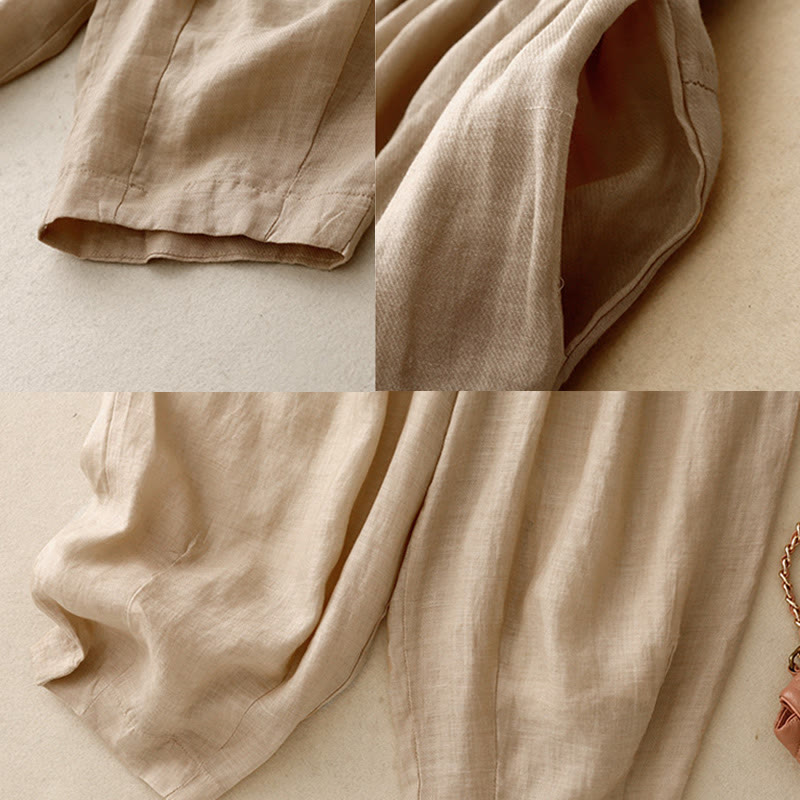 Vintage Summer Casual Color Matching Drawstring Women's Cotton Linen Harem Pants With Pockets