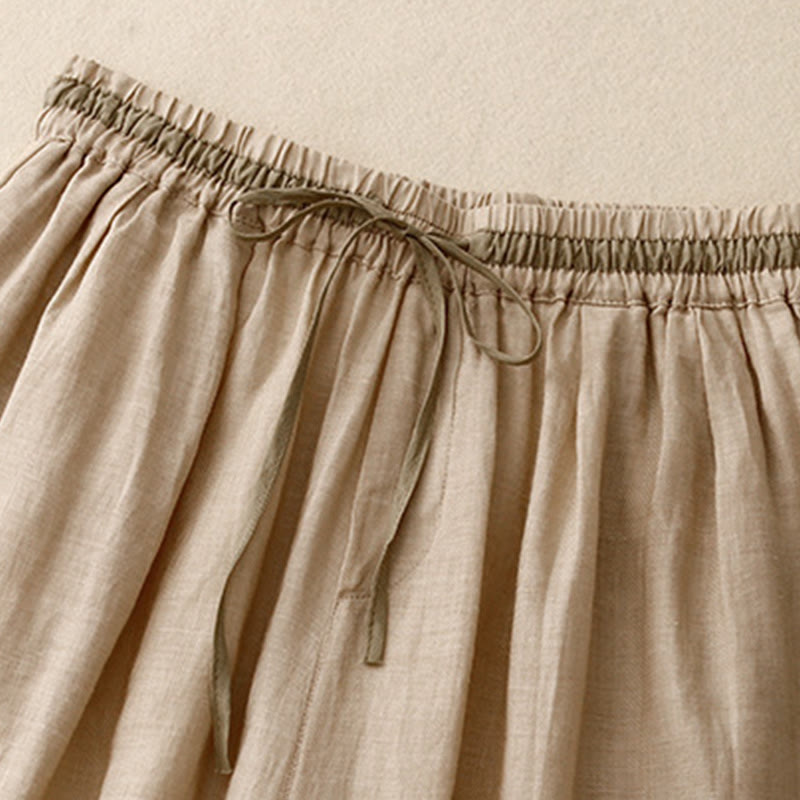 Vintage Summer Casual Color Matching Drawstring Women's Cotton Linen Harem Pants With Pockets