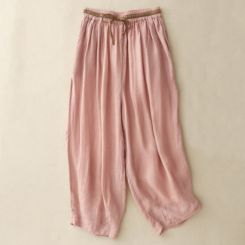 Vintage Summer Casual Color Matching Drawstring Women's Cotton Linen Harem Pants With Pockets