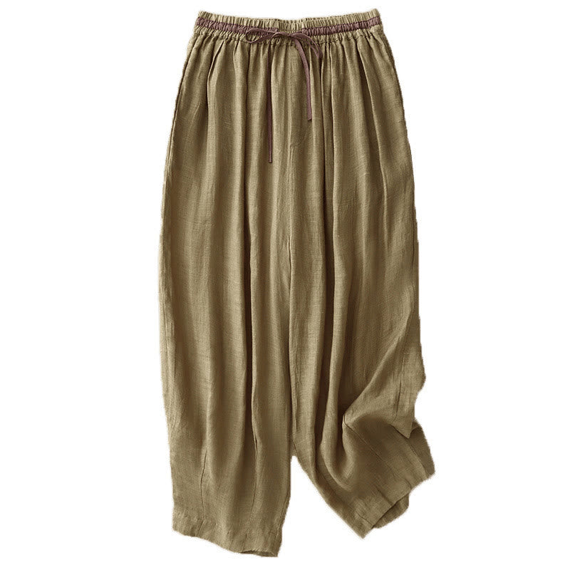 Vintage Summer Casual Color Matching Drawstring Women's Cotton Linen Harem Pants With Pockets