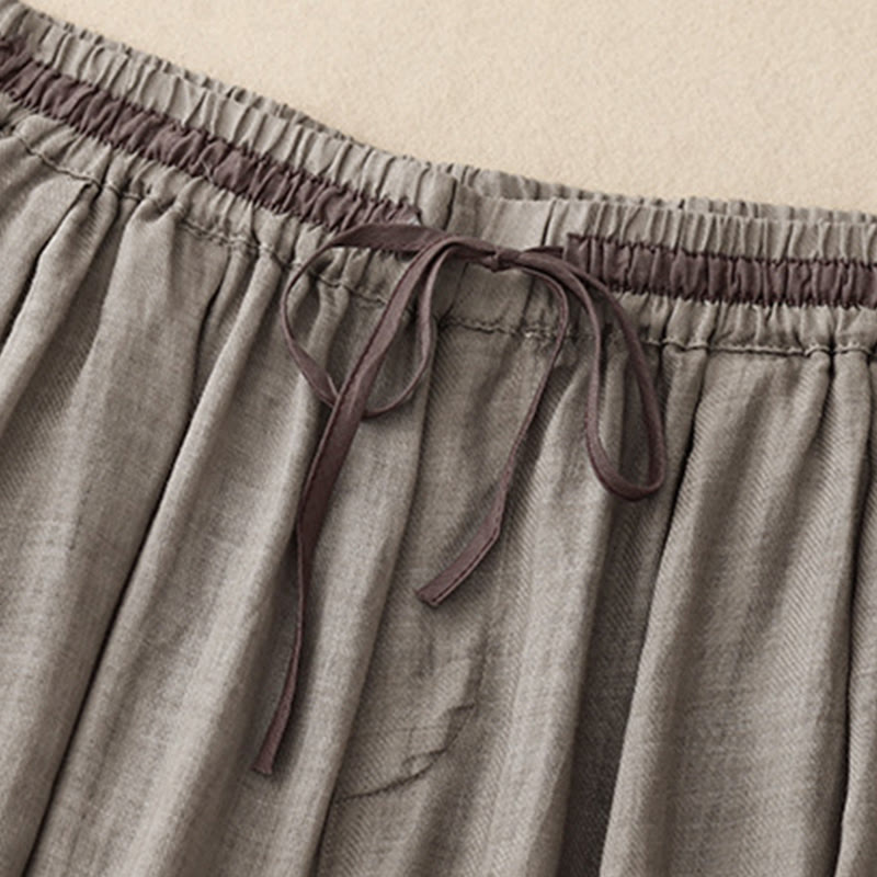 Vintage Summer Casual Color Matching Drawstring Women's Cotton Linen Harem Pants With Pockets