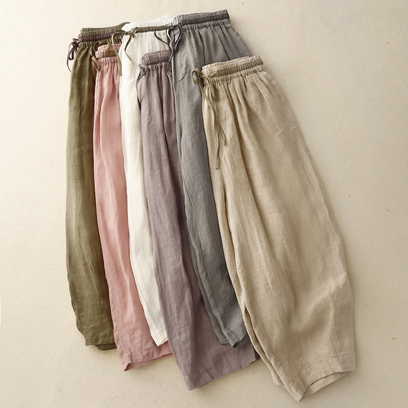Vintage Summer Casual Color Matching Drawstring Women's Cotton Linen Harem Pants With Pockets