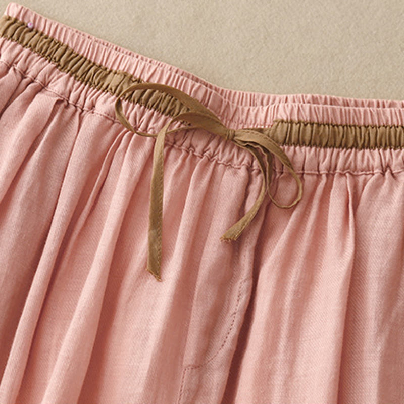 Vintage Summer Casual Color Matching Drawstring Women's Cotton Linen Harem Pants With Pockets