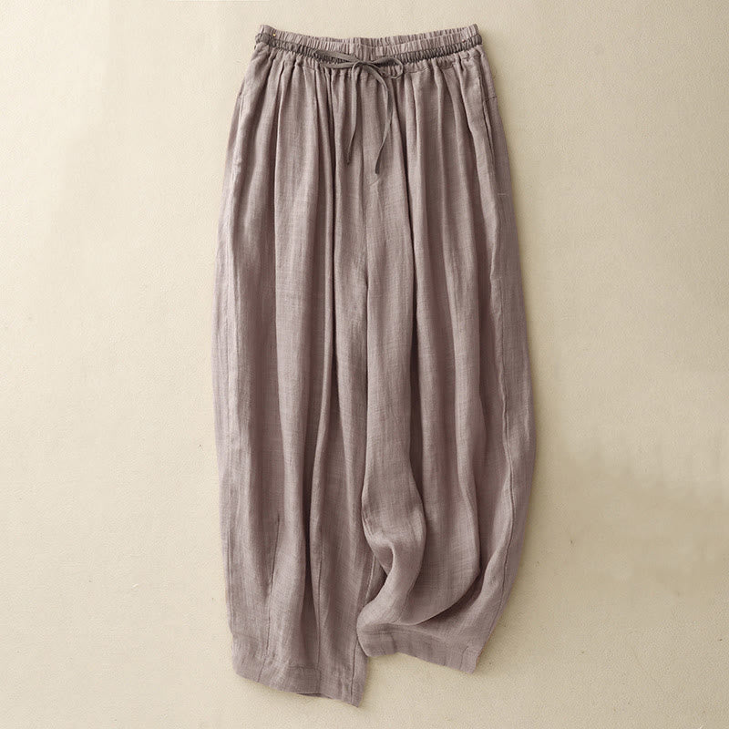 Vintage Summer Casual Color Matching Drawstring Women's Cotton Linen Harem Pants With Pockets
