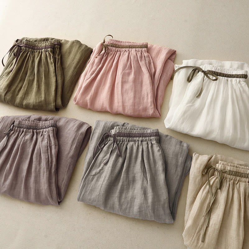 Vintage Summer Casual Color Matching Drawstring Women's Cotton Linen Harem Pants With Pockets