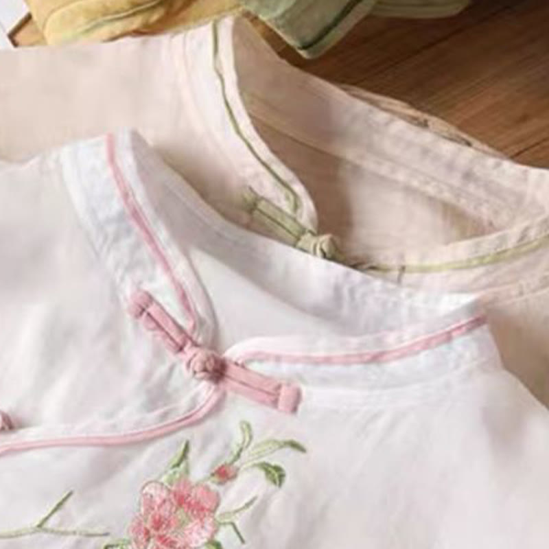 Embroidered Cotton Linen Frog Button Mindful Shirt
