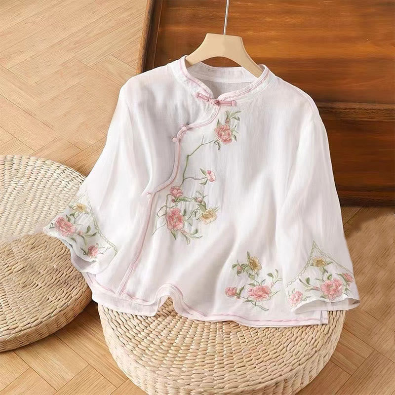 Embroidered Cotton Linen Frog Button Mindful Shirt