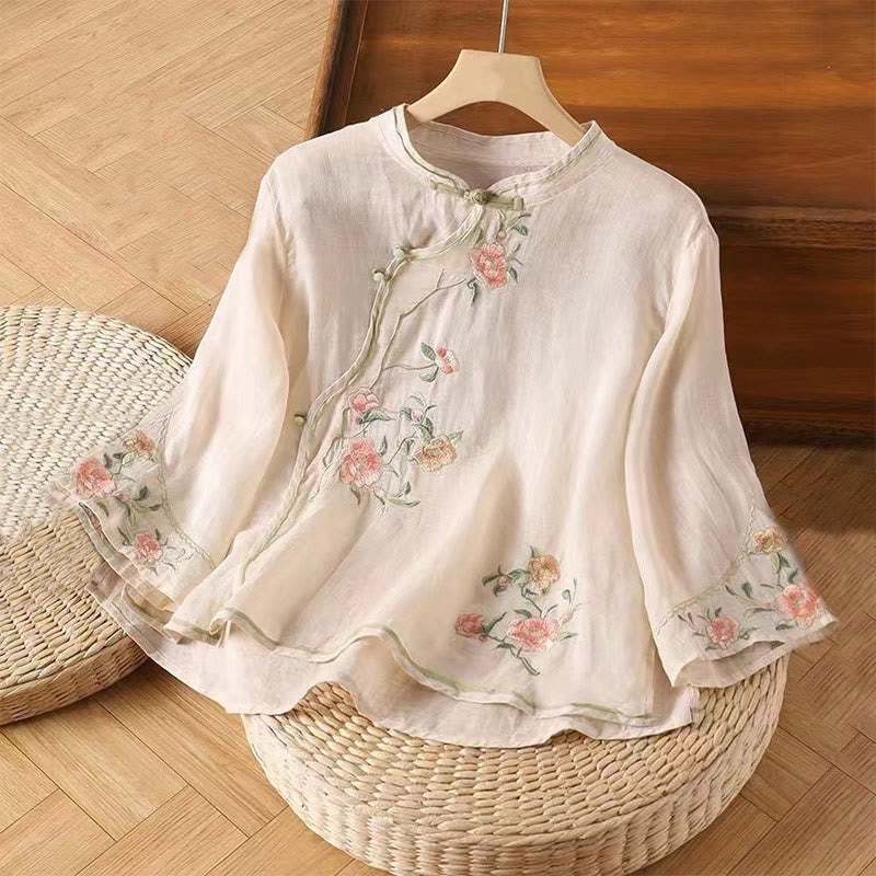 Embroidered Cotton Linen Frog Button Mindful Shirt