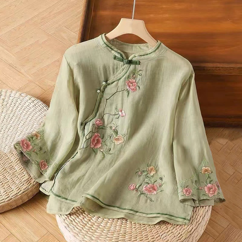 Embroidered Cotton Linen Frog Button Mindful Shirt