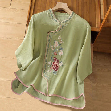 Embroidered Cotton Linen Stand Collar Meditation Shirt