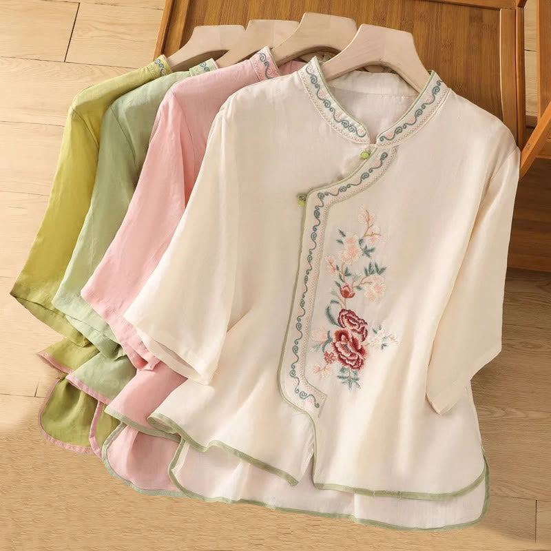 Embroidered Cotton Linen Stand Collar Meditation Shirt