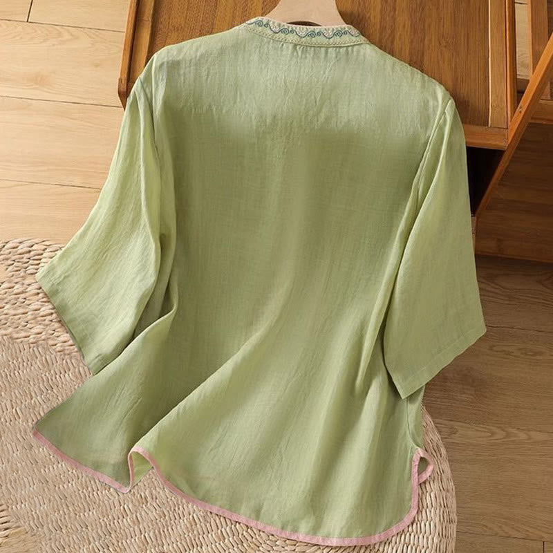 Embroidered Cotton Linen Stand Collar Meditation Shirt