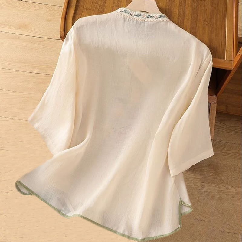 Embroidered Cotton Linen Stand Collar Meditation Shirt