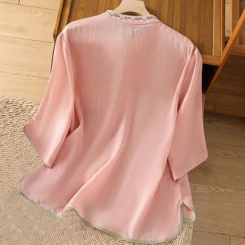 Embroidered Cotton Linen Stand Collar Meditation Shirt