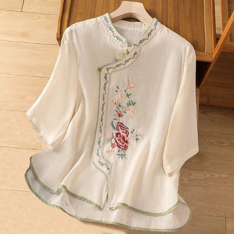 Embroidered Cotton Linen Stand Collar Meditation Shirt