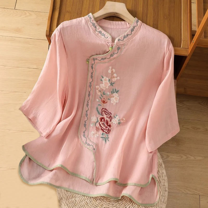 Embroidered Cotton Linen Stand Collar Meditation Shirt