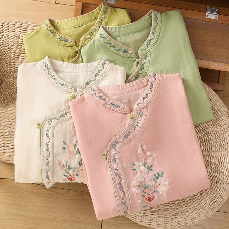Embroidered Cotton Linen Stand Collar Meditation Shirt