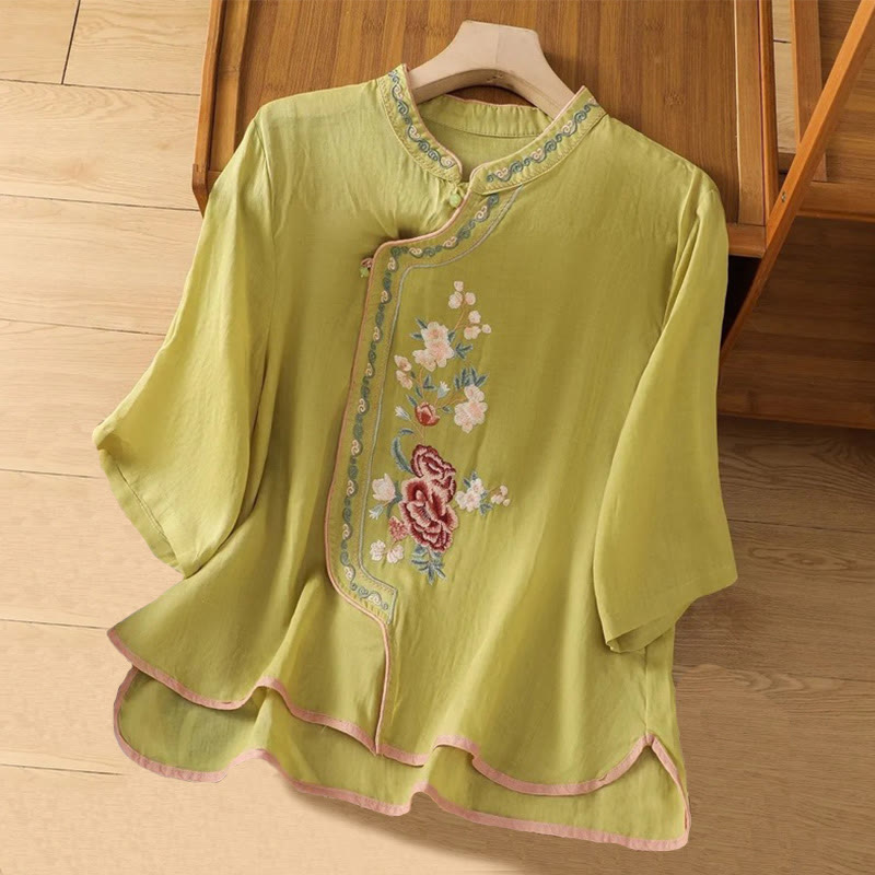 Embroidered Cotton Linen Stand Collar Meditation Shirt