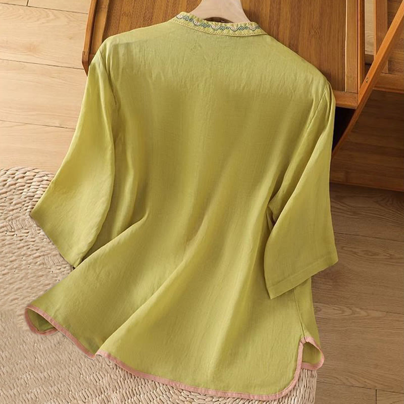 Embroidered Cotton Linen Stand Collar Meditation Shirt