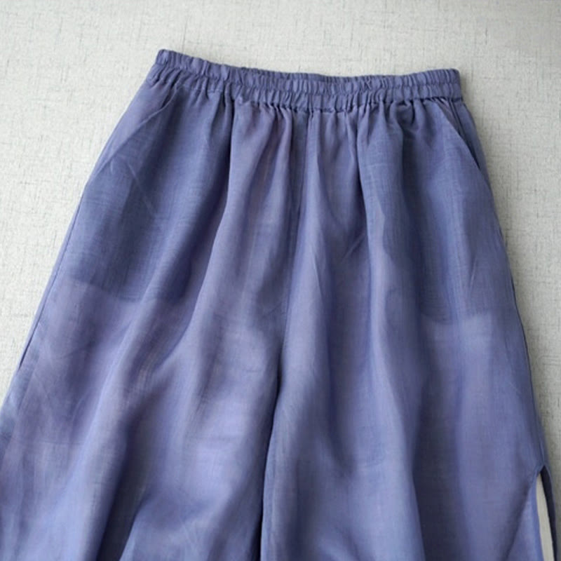 Casual Plain Ramie Slit 7-8 Length Women's Wide Leg Pants With Pockets