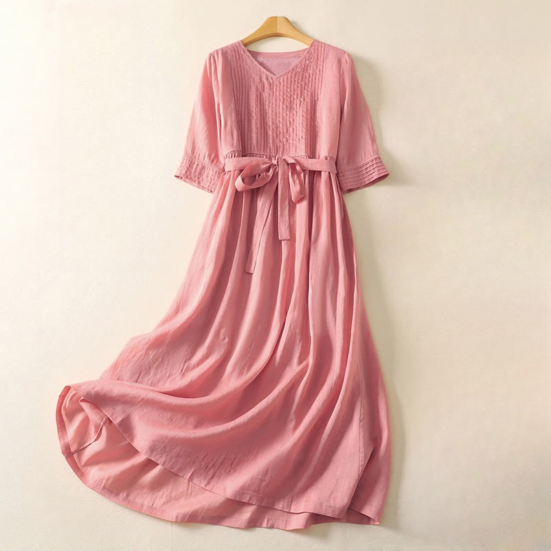 Summer Short Sleeve Pleats Lace-up Cotton Linen Women's Midi Dress With Pockets