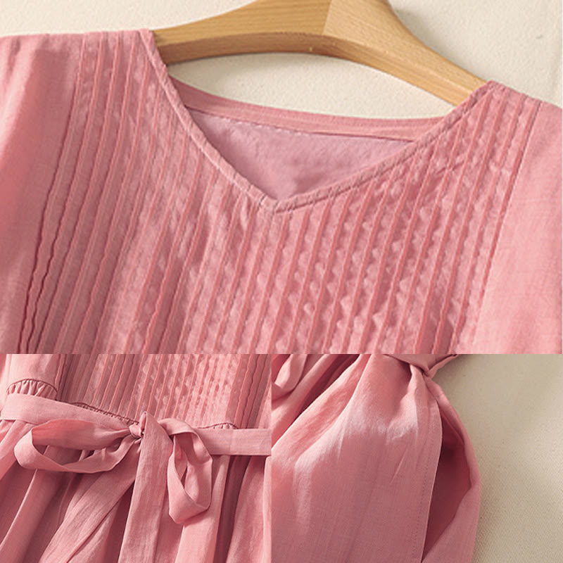 Summer Short Sleeve Pleats Lace-up Cotton Linen Women's Midi Dress With Pockets