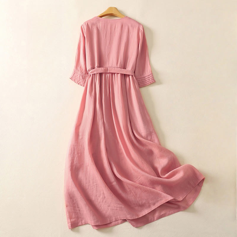 Summer Short Sleeve Pleats Lace-up Cotton Linen Women's Midi Dress With Pockets
