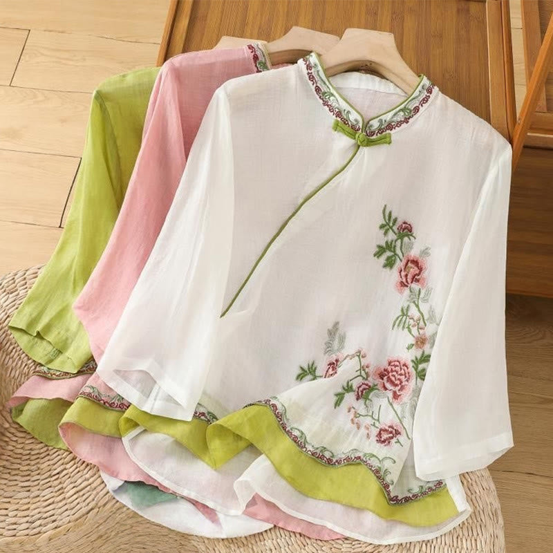 Summer Ethnic Style Embroidery Flower Pattern Frog-Button Color Matching Women's Cotton Linen Three Quarter Sleeve Shirt