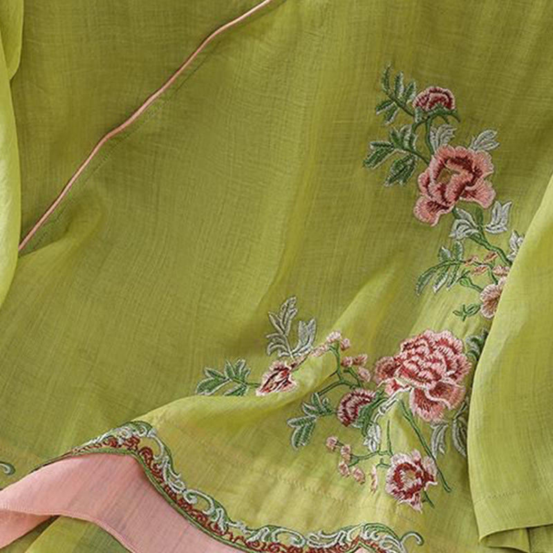 Summer Ethnic Style Embroidery Flower Pattern Frog-Button Color Matching Women's Cotton Linen Three Quarter Sleeve Shirt